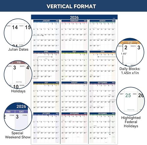 2026 Yearly Wall Calendar - 2026 Calendar, JAN 2026 - DEC 2026, Yearly Calendar/Planner, 34.3" x 22.8"(Open), 2026 Wall Calendar 12 Month with Premium Paper, Double-Sided Small Round Sticks, Azure in Saudi Arabia