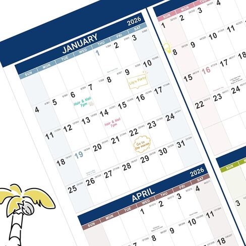 2026 Yearly Wall Calendar - 2026 Calendar, JAN 2026 - DEC 2026, Yearly Calendar/Planner, 34.3" x 22.8"(Open), 2026 Wall Calendar 12 Month with Premium Paper, Double-Sided Small Round Sticks, Azure in Saudi Arabia