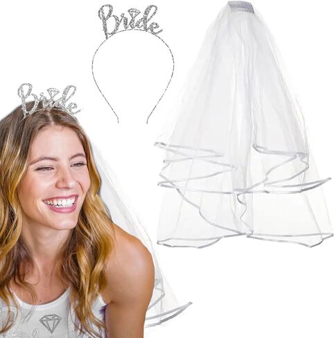 RhinestoneSash Bride Veil Bachelorette Party - Short White Bridal Veils for Women Wedding - Bride to Be Outfit Accessories in Kuwait