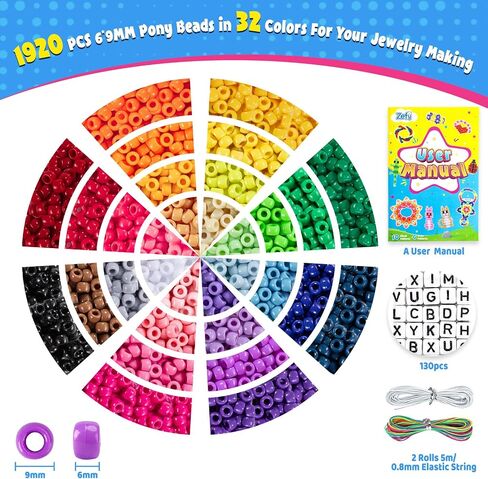 Zefy Pony Beads for Bracelets and Hrafts ، 32 Color Kandi Beads with 10 Cuff Designs و 6 تصاميم للحيوانات الأليفة ، مجموعة سوار الصداقة مع حبة رسائل لصنع مجوهرات سلسلة المفاتيح (2000+ PCS) in Kuwait