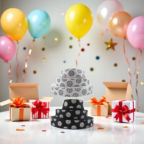2 Roll White and Black Sports Ball Ribbons Volleyball Craft Pattern Wired Gift Wrapping Party Decoration Ribbons for Team Hair Bows Wrap Gift Wrapping Supplies in Saudi Arabia