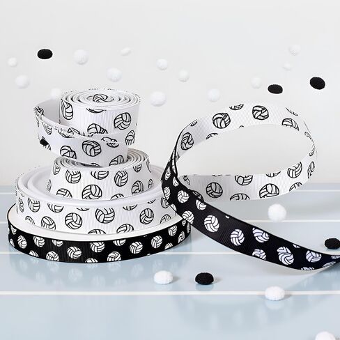 2 Roll White and Black Sports Ball Ribbons Volleyball Craft Pattern Wired Gift Wrapping Party Decoration Ribbons for Team Hair Bows Wrap Gift Wrapping Supplies in Saudi Arabia