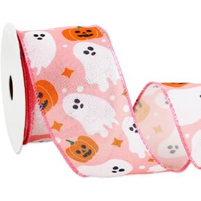 Halloween Wired Edge Ribbon Pink Boo Ghost Pumpkin Ribbon Fabric Decorative Ribbons for Wreath DIY Party Crafts Wrapping, 12 Yard in Saudi Arabia