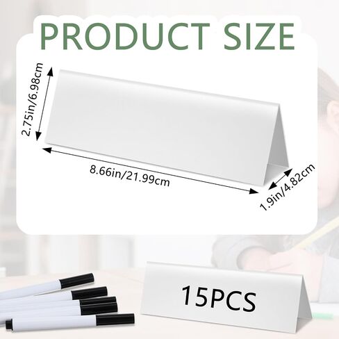 15Pcs Reusable Name Tent Cards with Black Markers Dry Erase Name Plate Wipe Clean Desk Tags Sign for Table Office Conference Meeting Weddings,White, 8.66 x 2.75 x 1.9 Inches in Saudi Arabia