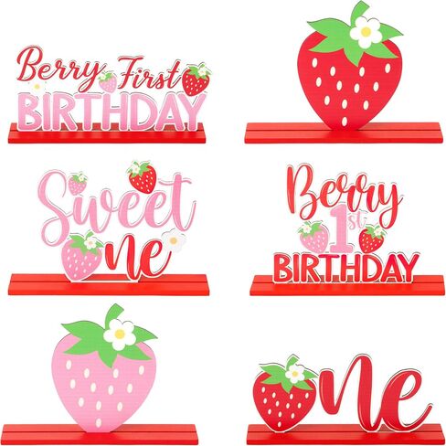 Haooryx Strawberry Birthday Sign Wooden Centerpieces - 6Pcs Sweet Berry ONE Letter Sign 1st First Birthday Party Decoration Table Topper for Girl Birthday Baby Shower Party Table Photo Prop Decoration in Saudi Arabia