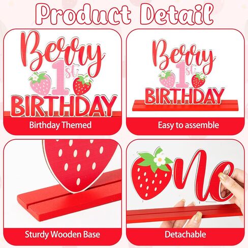 Haooryx Strawberry Birthday Sign Wooden Centerpieces - 6Pcs Sweet Berry ONE Letter Sign 1st First Birthday Party Decoration Table Topper for Girl Birthday Baby Shower Party Table Photo Prop Decoration in Saudi Arabia