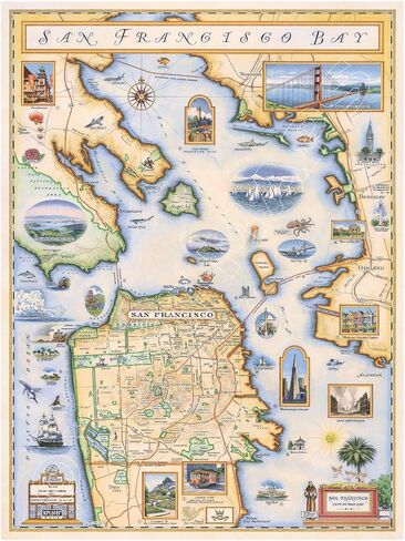 Xplorer Maps San Francisco Bay Hand-Drawn Map – 24x18 Vintage-Style Lithographic Print – Made in USA in Saudi Arabia