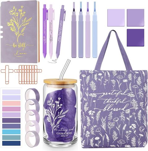 29 PCS Bible Journaling Kounding Kit 16 Oz Glass Cup Canvas Bag Bage Leather Notebuters and الأقلام اللزجة أشرطة الأجداد اللوازم دراسة الكتاب المقدس لممرضة المعلمات (بوهو ، الأرجواني) in Kuwait