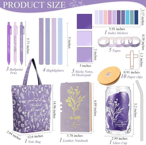 29 PCS Bible Journaling Kounding Kit 16 Oz Glass Cup Canvas Bag Bage Leather Notebuters and الأقلام اللزجة أشرطة الأجداد اللوازم دراسة الكتاب المقدس لممرضة المعلمات (بوهو ، الأرجواني) in Kuwait