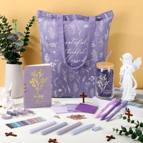 29 PCS Bible Journaling Kounding Kit 16 Oz Glass Cup Canvas Bag Bage Leather Notebuters and الأقلام اللزجة أشرطة الأجداد اللوازم دراسة الكتاب المقدس لممرضة المعلمات (بوهو ، الأرجواني) in Kuwait