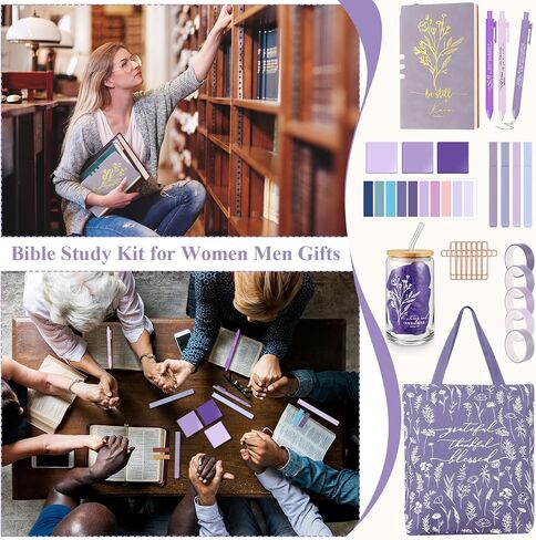 29 PCS Bible Journaling Kounding Kit 16 Oz Glass Cup Canvas Bag Bage Leather Notebuters and الأقلام اللزجة أشرطة الأجداد اللوازم دراسة الكتاب المقدس لممرضة المعلمات (بوهو ، الأرجواني) in Kuwait