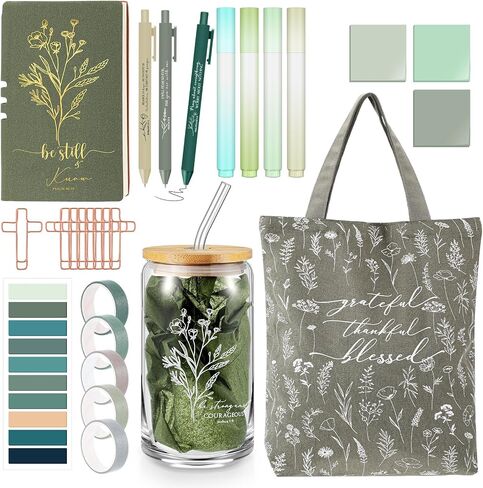 29 PCS Bible Journaling Kounding Kit 16 Oz Glass Cup Canvas Bag Bage Leather Notebuters and الأقلام اللزجة أشرطة الأجداد اللوازم دراسة الكتاب المقدس لممرضة المعلمات (بوهو ، الأرجواني) in Kuwait