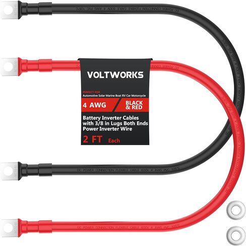 VOLTWORKS 4 AWG مقياس أحمر + أسود نحاس نقي 1 قدم كابلات عاكس البطارية للطاقة الشمسية، RV، سيارة، قارب 1 قدم 3/8 في العروات in Kuwait