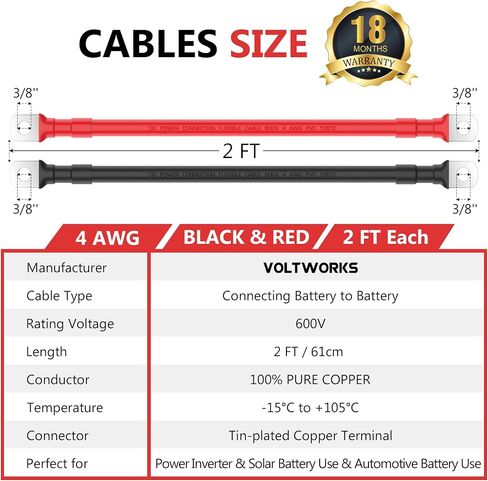 VOLTWORKS 4 AWG مقياس أحمر + أسود نحاس نقي 1 قدم كابلات عاكس البطارية للطاقة الشمسية، RV، سيارة، قارب 1 قدم 3/8 في العروات in Kuwait