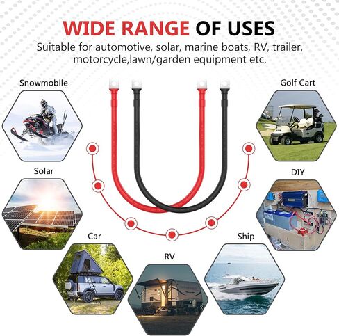VOLTWORKS 4 AWG مقياس أحمر + أسود نحاس نقي 1 قدم كابلات عاكس البطارية للطاقة الشمسية، RV، سيارة، قارب 1 قدم 3/8 في العروات in Kuwait