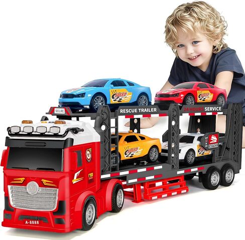 ألعاب Boy Boy Toddler لـ 3 4 5 5 6 7 سنوات أطفال ، 21 بوصة لعبة شاحنة سباق مزدوجة مع 4 سيارات سباق ، ألعاب مركبة تعمل بالاحتكاك مع الأضواء والأصوات ، عيد ميلاد للفتيات الأزرق in Kuwait