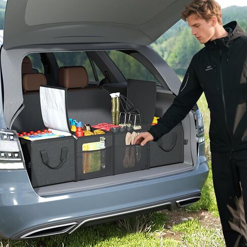 X-cosrack Car Trunk Organizer, Storage with Insulation Cooler Bags for SUV, Truck, Automotive, Van, Cargo, Collapsible Portable Multi Compartments Cargo Organizer with Straps in Kuwait