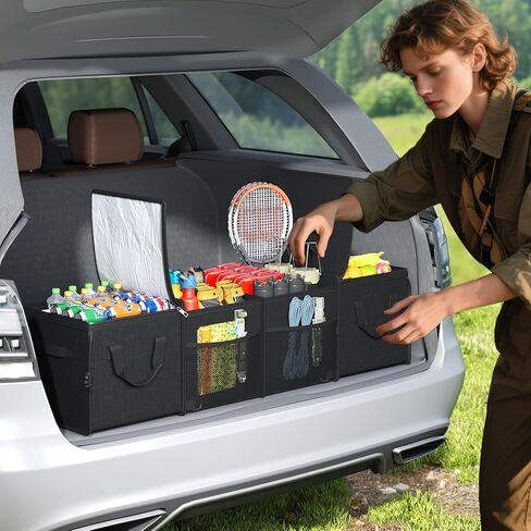 X-cosrack Car Trunk Organizer, Storage with Insulation Cooler Bags for SUV, Truck, Automotive, Van, Cargo, Collapsible Portable Multi Compartments Cargo Organizer with Straps in Kuwait