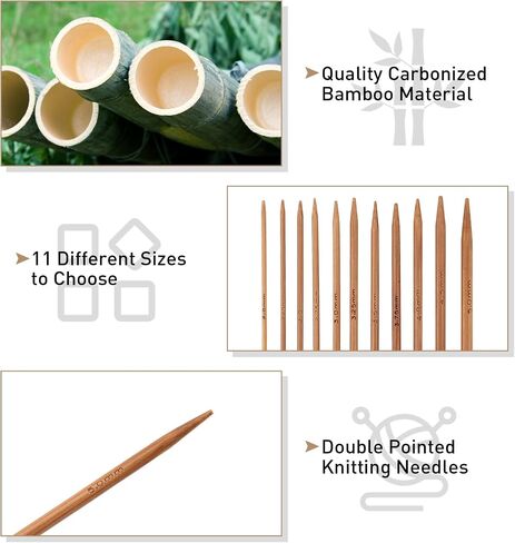 Knitting Needles Kit, Set of 11 Carbonized Bamboo Double Pointed Knitting Needles Set 11 Sizes Soft Knitting Needles Set for Weave DIY Lover for Handmade, 13cm/5.1in (2.0mm-5.0mm) in Saudi Arabia