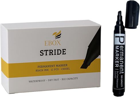 EBOX Stride Permanent Marker – Chisel Tip Black Ink, Quick-Drying, Water & Fade Resistant, Heavy Duty, Multi-Surface, Industrial, Office, DIY, School – 12 Pack in Saudi Arabia