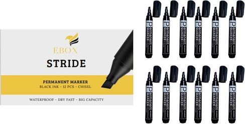EBOX Stride Permanent Marker – Chisel Tip Black Ink, Quick-Drying, Water & Fade Resistant, Heavy Duty, Multi-Surface, Industrial, Office, DIY, School – 12 Pack in Saudi Arabia