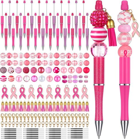 24 Pcs Breast Cancer Awareness Pink Beadable Pens Bead Ballpoint Pen Plastic Black Ink DIY Pens 60 Colorful Beads 24 Tassel 10 Ribbon 24 Lobster Clasps for Women Girls Students Teacher Office School in Saudi Arabia
