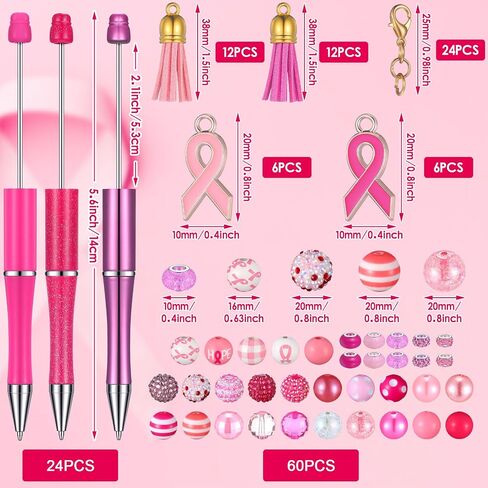 24 Pcs Breast Cancer Awareness Pink Beadable Pens Bead Ballpoint Pen Plastic Black Ink DIY Pens 60 Colorful Beads 24 Tassel 10 Ribbon 24 Lobster Clasps for Women Girls Students Teacher Office School in Saudi Arabia