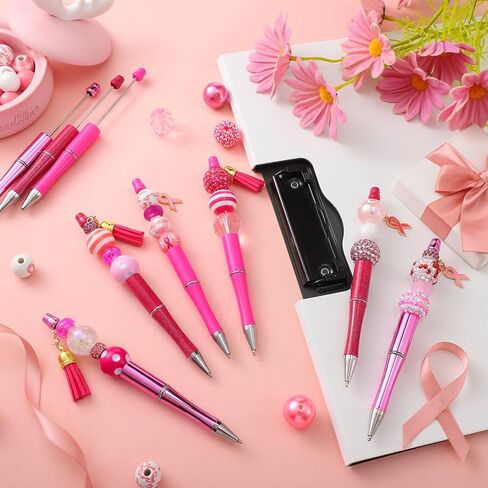 24 Pcs Breast Cancer Awareness Pink Beadable Pens Bead Ballpoint Pen Plastic Black Ink DIY Pens 60 Colorful Beads 24 Tassel 10 Ribbon 24 Lobster Clasps for Women Girls Students Teacher Office School in Saudi Arabia