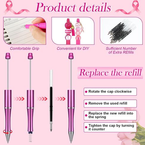 24 Pcs Breast Cancer Awareness Pink Beadable Pens Bead Ballpoint Pen Plastic Black Ink DIY Pens 60 Colorful Beads 24 Tassel 10 Ribbon 24 Lobster Clasps for Women Girls Students Teacher Office School in Saudi Arabia
