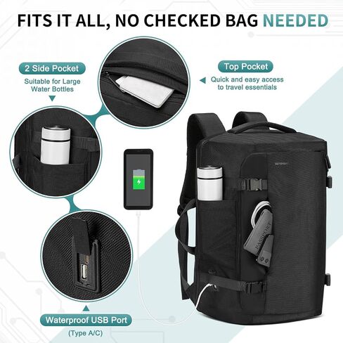 40L Travel Backpack, TSA Friendly Flight Approved Carry on Backpack for Men Women, Fits 17.3 Inch Laptop with USB-A&C Ports, Weekender Bag, Black in Saudi Arabia