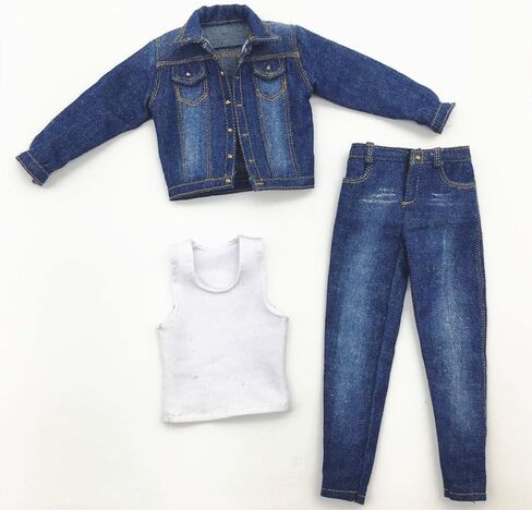 1/6 Scale Male Clothes, Denim Jacket & Jeans & White Tank Top Denim Suit for 12 inches Male Action Figure, 1/6 Street Handsome Boys Costume Outfit Blue Denim Suit Clothes Set Model in Saudi Arabia