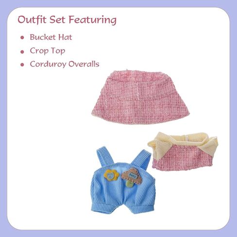 Kawaii Doll Clothes & Accessory Compatible with 17cm Labubu Dolls, Adorable Chic Outfit 3 Set Featuring Pink Beanie+Corduroy Overalls with Smile Patch+Mini Camera (No Doll Included) in Saudi Arabia