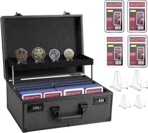 Toploader Storage Box for 3" X 4" 35pt Rigid Cards, Top Loader Holder Trading Card Case for Sports Cards Storage with Combination Lock (with 4 Graded Slabs and 4 Card Stand) in Kuwait