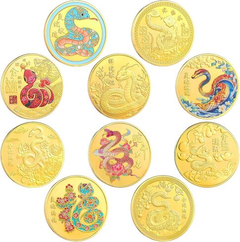 Quelay 10 PCS صينية لاكي عملة 2025 رأس السنة الجديدة من Snake الصينية زودياك العملات المعدنية الذهبية الشوكولاته المعدنية التذكارية Specie للبركة التذكارية مجموعة Fortune Collection in Saudi Arabia