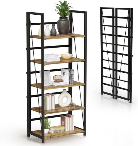 5 Tier Wood Book Shelf Organizer, No Assembly Bookshelf for Bedroom Living Room Office, Rustic Foldable Book Case, Tall Bookshelves, Open Book Shelves, Decorative Folding Shelf Display, Tall Bookcase in Saudi Arabia