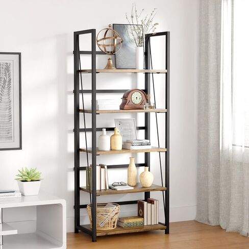 5 Tier Wood Book Shelf Organizer, No Assembly Bookshelf for Bedroom Living Room Office, Rustic Foldable Book Case, Tall Bookshelves, Open Book Shelves, Decorative Folding Shelf Display, Tall Bookcase in Saudi Arabia
