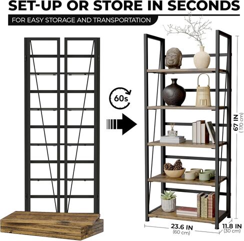5 Tier Wood Book Shelf Organizer, No Assembly Bookshelf for Bedroom Living Room Office, Rustic Foldable Book Case, Tall Bookshelves, Open Book Shelves, Decorative Folding Shelf Display, Tall Bookcase in Saudi Arabia