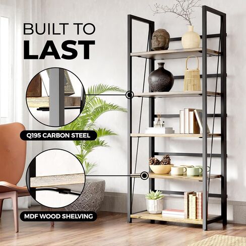 5 Tier Wood Book Shelf Organizer, No Assembly Bookshelf for Bedroom Living Room Office, Rustic Foldable Book Case, Tall Bookshelves, Open Book Shelves, Decorative Folding Shelf Display, Tall Bookcase in Saudi Arabia