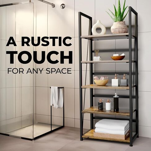 5 Tier Wood Book Shelf Organizer, No Assembly Bookshelf for Bedroom Living Room Office, Rustic Foldable Book Case, Tall Bookshelves, Open Book Shelves, Decorative Folding Shelf Display, Tall Bookcase in Saudi Arabia