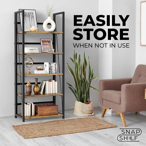 5 Tier Wood Book Shelf Organizer, No Assembly Bookshelf for Bedroom Living Room Office, Rustic Foldable Book Case, Tall Bookshelves, Open Book Shelves, Decorative Folding Shelf Display, Tall Bookcase in Saudi Arabia