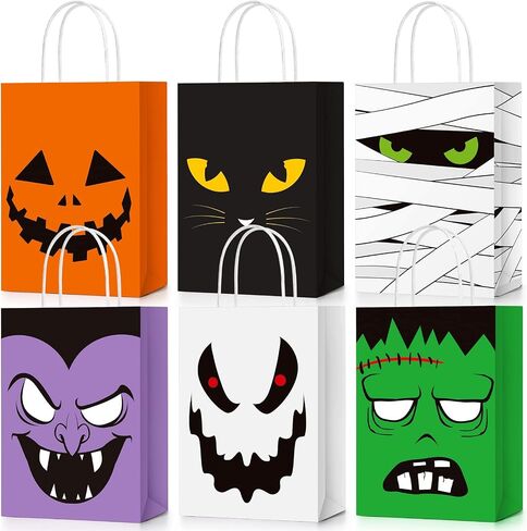 24 Pcs Halloween Treat Bags Halloween Paper Gift Bags with Handles Candy Bags Goodie Bags for Holiday Treats Snacks Kids Halloween Party Favors Supplies (Vivid Style) in Saudi Arabia
