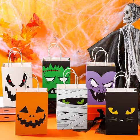 24 Pcs Halloween Treat Bags Halloween Paper Gift Bags with Handles Candy Bags Goodie Bags for Holiday Treats Snacks Kids Halloween Party Favors Supplies (Vivid Style) in Saudi Arabia