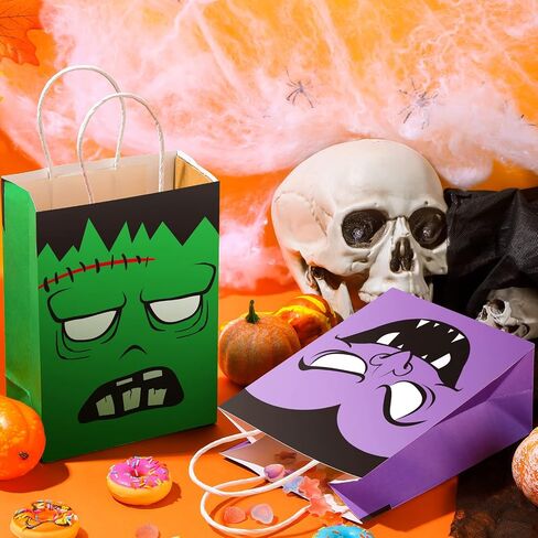 24 Pcs Halloween Treat Bags Halloween Paper Gift Bags with Handles Candy Bags Goodie Bags for Holiday Treats Snacks Kids Halloween Party Favors Supplies (Vivid Style) in Saudi Arabia