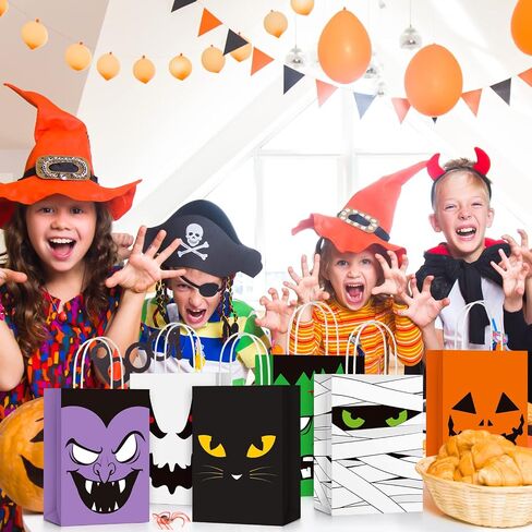 24 Pcs Halloween Treat Bags Halloween Paper Gift Bags with Handles Candy Bags Goodie Bags for Holiday Treats Snacks Kids Halloween Party Favors Supplies (Vivid Style) in Saudi Arabia