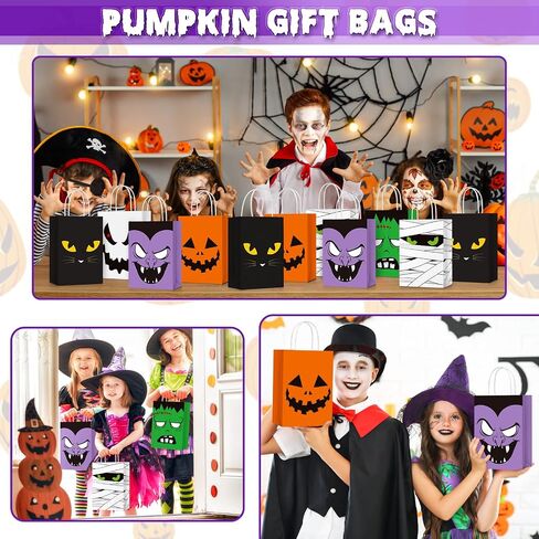 24 Pcs Halloween Treat Bags Halloween Paper Gift Bags with Handles Candy Bags Goodie Bags for Holiday Treats Snacks Kids Halloween Party Favors Supplies (Vivid Style) in Saudi Arabia