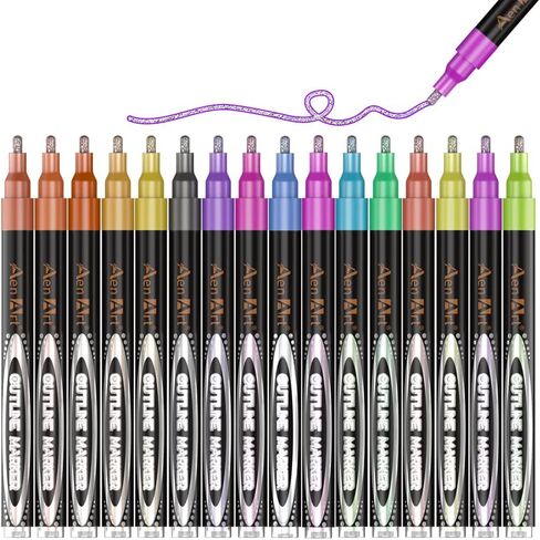 Aen Art Double Line Markers Outline Pens, Squiggles Shimmer Outline Marker Set, 16 Colors Doodle Shimmer Pen for Drawing, Making Card, Craft Project in Saudi Arabia