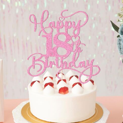 Pink Happy 18th Birthday Cake Topper 1pcs Glitter Cake Topper for eighteen Birthday/Anniversary Theme Party Cake Decorations Supplies in Saudi Arabia