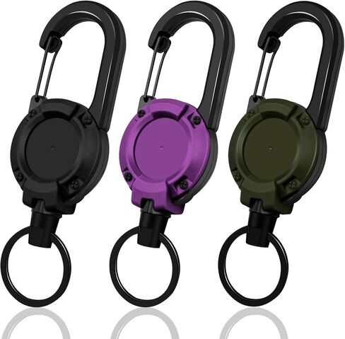 Retractable Keychain 3 Pack, Heavy Duty ID Badge Holder Reel, Multitool Carabine Key Holder for Keychain, Badge Holder with 25.6" Steel Retractable Cord Key Ring Clip, 8.8 oz (Black+Dark Green+Purple) in Kuwait
