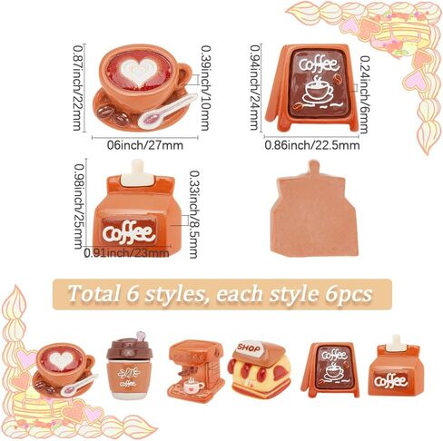 Sunnyclue 1 Box 36pcs 6 Styles Coffee Resin Charms Cute Cabochons Flatback bulk clotfulless sweet sweat charms for المجوهر in Saudi Arabia