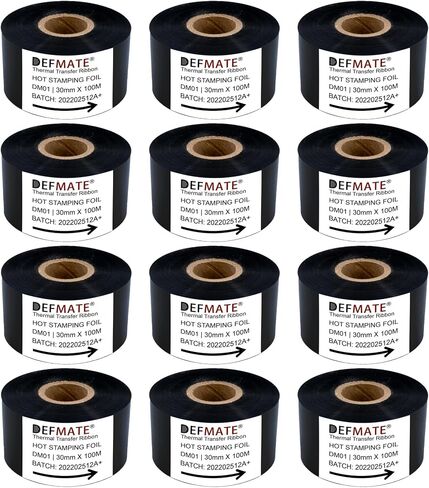 Date Coding Foil/Ribbon, 1.18'' x 328' (30mm x 100m) Black Thermal Transfer Hot Stamping Ribbon/Foil, Black Color Ribbon for Coding Machine (Black-12Pcs) in Kuwait